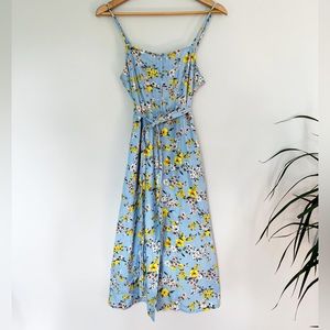 Vintage Ditsy Floral Linen Midi Slip Dress Summer Sundress Button Down Pockets